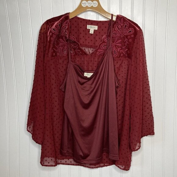 Style & Co NWT Womens Med Eyelet Red 2-pc 3/4 Bell Sleeve Velvet Sheer Tunic Top - Picture 3 of 13